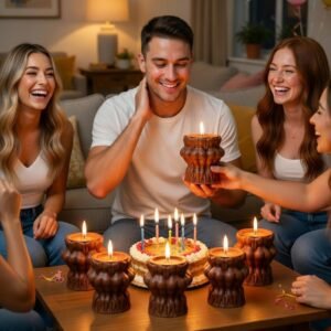 Man at birthday party looking shy and embarrassed as friend hands him Lucentius naked women circle dark brown jar candle as gift