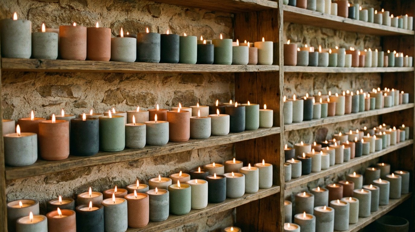 Lucentius handcrafted candles collection – concrete jar candles in owl shape, twin flame, flower shape, and rainbow glass candle