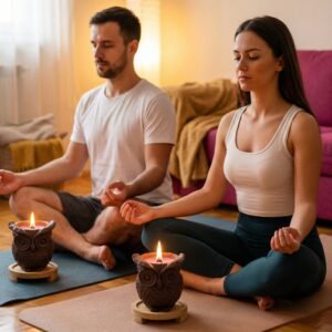 Brown owl concrete jar candle with lavender coconut wax and lit crackling wood wick on wooden shelf