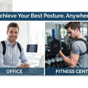 Man wearing Lucentius posture corrector belt at gym during workout, maintaining proper form while lifting weights