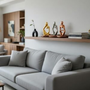 Lucentius Thinker Trio statues (gold, silver, bronze) displayed on a bookshelf between books and small plants