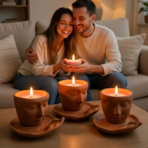 Lucentius twin flame set unlit – beige concrete man face jar and separate female shape tray side by side